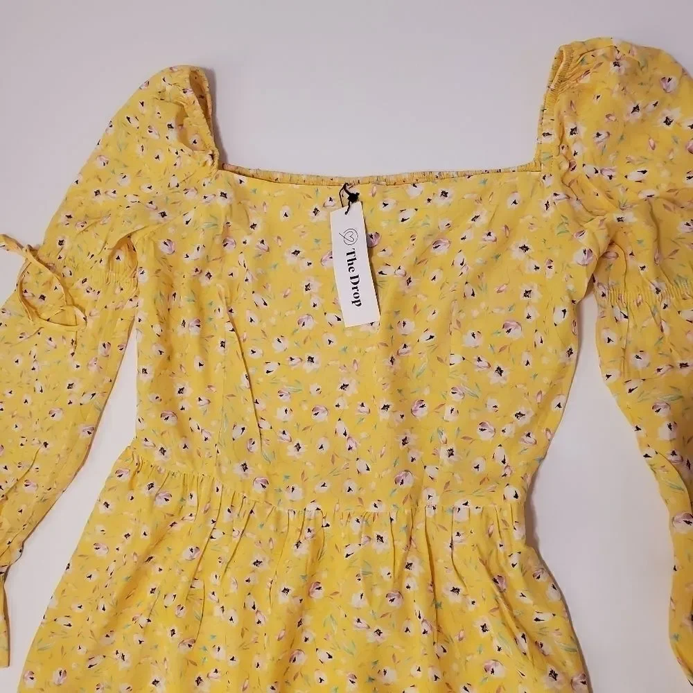 THE DROP - M Women's Yellow ruched back mini floral dress
